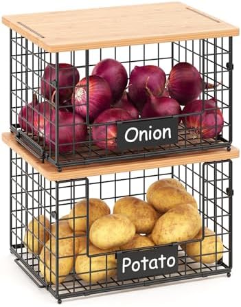 2-Pack Stackable Wire Baskets with 2 Pads & Bamboo Top, Pantry Organizer by keomaisyto