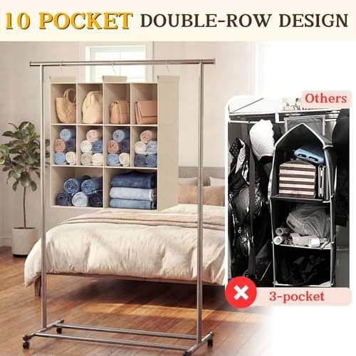 3 Tier Hanging Closet Organizer, 10 Compartments Dual Row Storage, Beige | Closet Organizers and Storage with Large & Small Pockets, 3 Sturdy Hooks Support Heavy Loads, for Dorm, RV, Garment Rack - Image 4