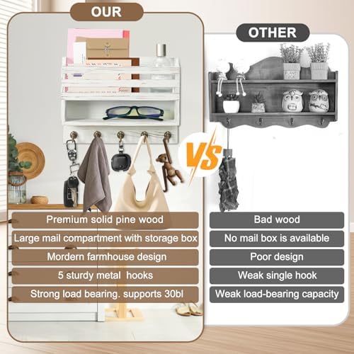 Key Holder Wall Mount with Mail Organizer, 5 Key Hooks, White - Image 5