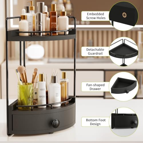 2-Tier Corner Bathroom Countertop Organizer with Drawer - Image 3