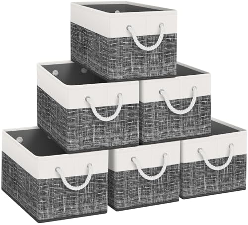 Fab totes Storage Bins 6-Pack, Foldable Storage Baskets for Organizing Toys, Books, Shelves, Closet, Large Storage Box with Rope Handles, Sturdy Organizer Bins, White & Black by Fabtotes