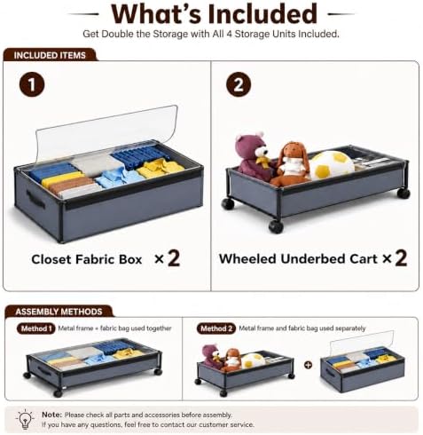 OMAIRA Under Bed Storage with Wheels, Underbed Shoe Storage Organizer with Clear Lids,& Rolling Drawers for Clothes, Shoes, Toys – Multi-Use Storage Bins and Drawers, 2-Pack Splittable into 4-Pack - Image 3