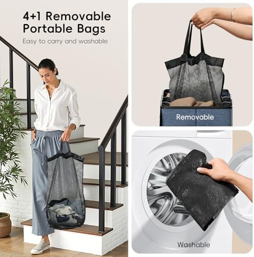 Laundry Hamper 4-Section with Lid, 185L Laundry Sorter with 4 Removable Bags + 1 Extra Large Bag, Switchable 3/4 Compartment, Laundry Basket Organizer for Bedroom, Laundry Room，Navy Bule - Image 5