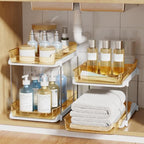 Delamu 2-Tier Multi-Purpose Bathroom Under Sink Organizers and Storage, Stackable Kitchen Pantry Organization, Pull Out Medicine Cabinet Organizer with Movable Dividers, Golden, 2 Pack - Image 6