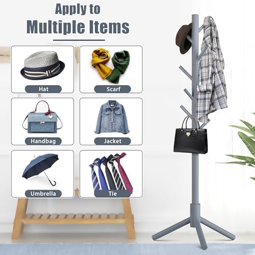 Haddockway Wooden Coat Rack Stand with 8 Hooks New Zealand Pine 3 Adjustable Coat Standing Tree Easy Assembly for Coats, Hats, Scarves and Handbags for Entryway, Hallway, Bedroom, Office - Image 6