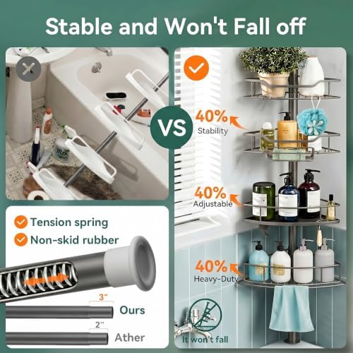 Corner Shower Caddy Tension Pole, 4 Tier Rustproof Shower Tension Rod Organizer, Adjustable 25-125 Inch Bathroom Shower Organizer Shelves for Bathtub Shampoo Storage, Grey - Image 2
