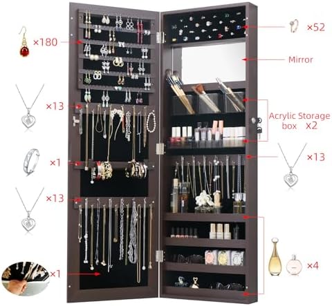 Full Length Mirror Jewelry Cabinet Organizer for Makeup and Jewelry, Lockable Door Wall-Mounted Jewelry Armoire with Shelves and Behind-the-Door Storage Rustic Brown - Image 3