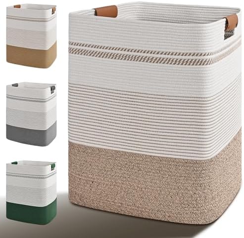 Laundry Hamper, 95L Tall Laundry Basket with Leather Handles, Rectangle Large Clothes Hamper for Organizing, Cotton Woven Laundry Baskets Storage Hampers for Bedroom, Nursery, Living Room by Degeyoyo