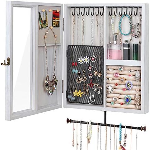 Keebofly Wall Mounted Rustic Wood Jewelry Organizer Cabinet - White by Keebofly