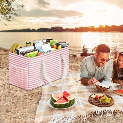 LHZK Standing Extra Large Utility Tote Bag with Metal Wire Frame and the Sides Rinforced, Extra Large Tote Bag with Handle, Reusable Grocery Bags Foldable, Beach Bag, Car Tote (Pink) - Image 6