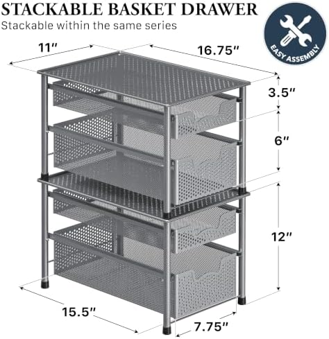 Simple Houseware Stackable 2 Tier Sliding Basket Organizer Drawer, Silver - Image 2