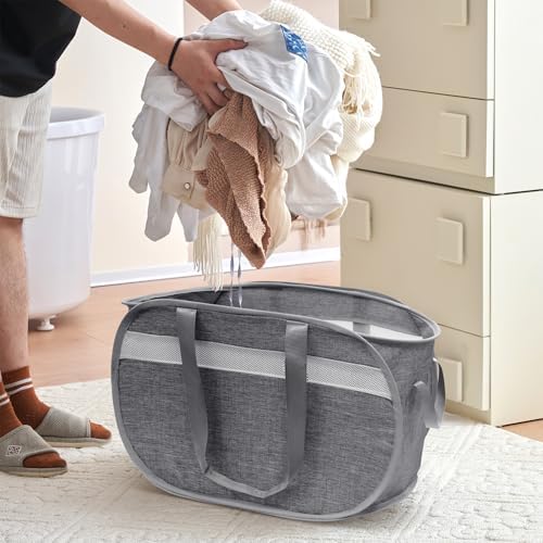 Collapsible Tear Proof Laundry Baskets with Dual Handles, Grey - Image 2