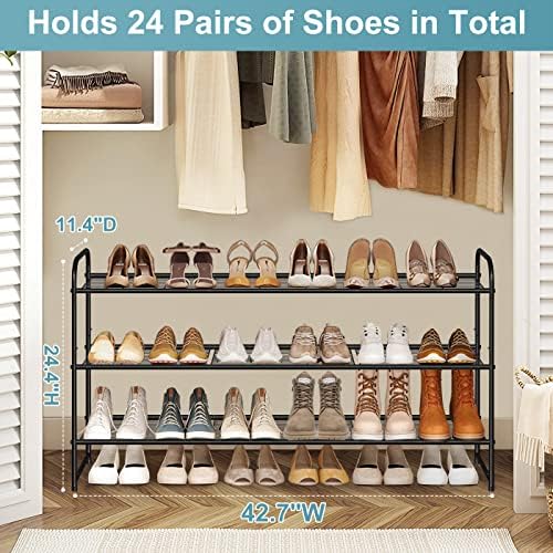 AOODA Long 3 Tier Metal Shoe Rack for Closet Wide Stackable Shoe Storage Organizer for Entryway, Bedroom, Floor, 24-Pairs Men Sneakers Shoe Shelf with Wire Grid, Black - Image 3
