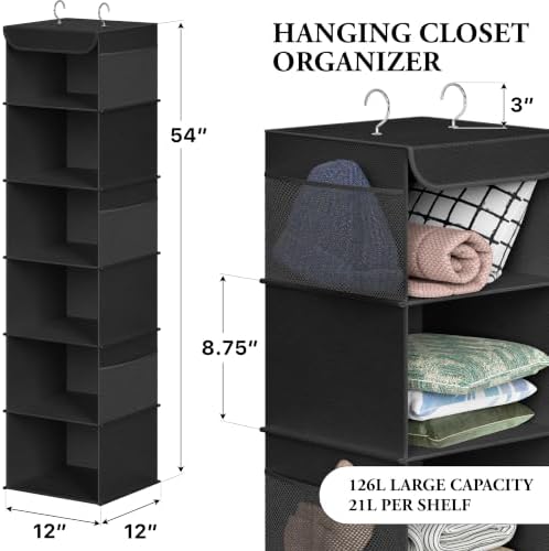 Simple Houseware 6 Shelf Hanging Closet Organizer, Black | 360° Rotating Dual Hooks, Top Support Metal Frame, 6 Side Mesh Pockets - Image 2