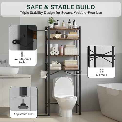 GloTika 4-Tier Over The Toilet Storage, Anti-Tilt, 69.3" H, Black Brown - Image 5