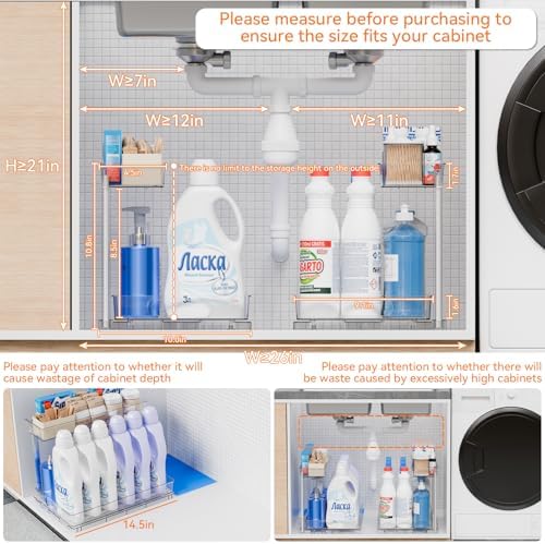 Yieach 2 Pack 14.5″ Deep Pull Out Under Sink Organizer,10.8″ High 2 Tier Slide Out Cabinet Organizer for Kitchen Cabinet,Undersink Organizers,Under Sink Shelves,Bathroom Organizers and Storage,Clear - Image 4