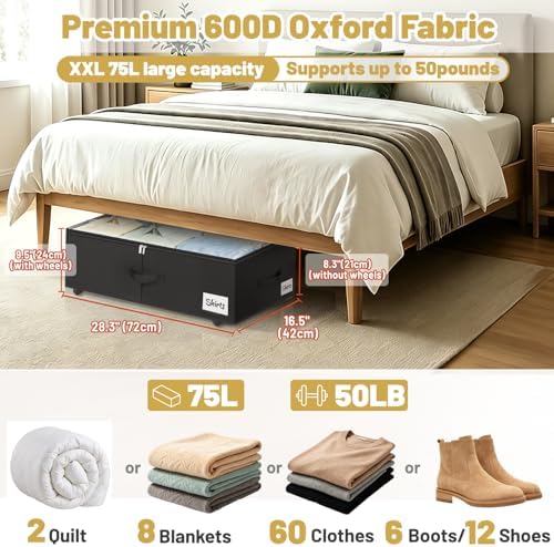 Under Bed Storage with Wheels, 2 Pack Underbed Storage Containers with Clear Lid & Label, XXL 75L Easy Assembly Rolling Under Bed Shoe Storage for Clothes, Shoes, Blankets, Black(28.3 X 16.5 X 9.5 in) - Image 2