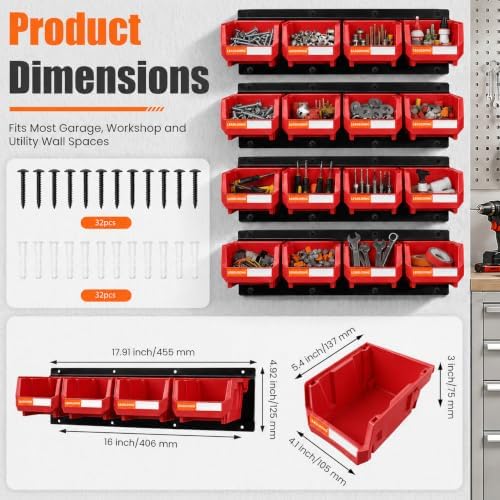 16pc Wall-Mounted Storage Organizer Set with Metal Rails Red - Image 2