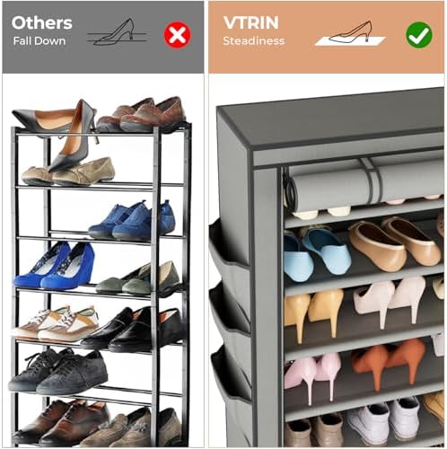 VTRIN Vertical Narrow Shoe Rack Organizer Tall Shoe Rack for Closet Entryway 10 Tier Non-Woven Cover Shoe Shelf Holds 36-41 Pairs Free Standing Shoe Storage Cabinet with Dustproof Cover, Grey - Image 6
