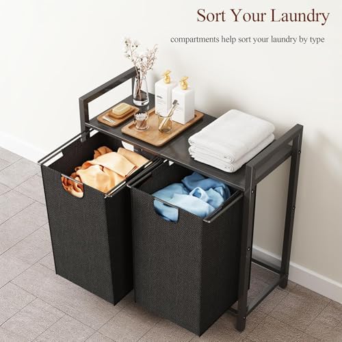 Kitstorack Laundry Basket Organizer, Laundry Hamper with Shelf & 2 Pull-Out Removable Bags, Dirty Clothes Hamper Organizer for Laundry Room Bathroom and Dorm, 2 x 11.8 gallons (44.5L) - Image 6