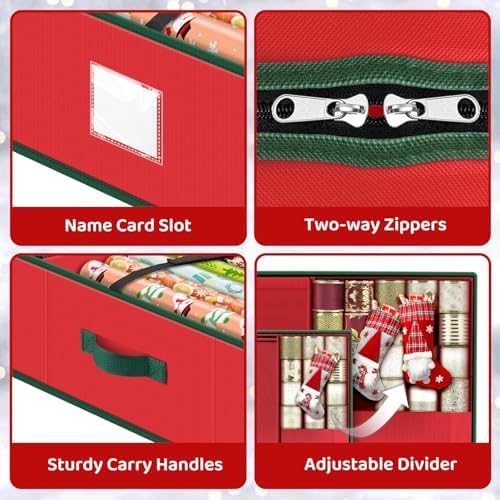 BlessedSeason Wrapping Paper Storage Organizer for 40 Inch Christmas Gifts Wrapping Paper, 2 Visible Supplies Pockets for Holiday Accessories, Christmas Decoration Storage Containers, Red - Image 5