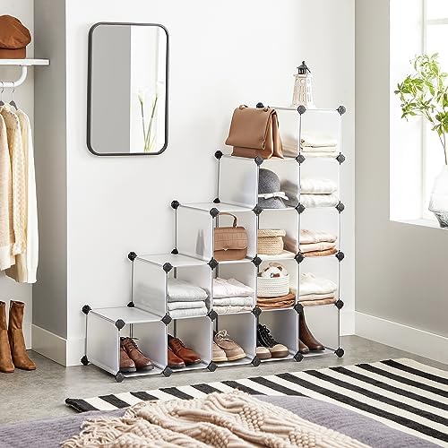 SONGMICS Shoe Rack with 16 Cubes, Interlocking Plastic Shoe Organizer, DIY Storage Cabinet for Closet Entryway Bedroom Garage, Space Saving Design, 12 x 35.1 x 27.2 Inches, Transparent ULPC445W02 - Image 2