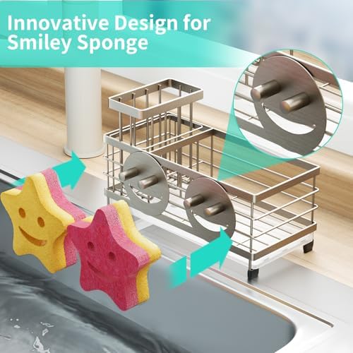 HapiRm Sink Caddy Sponge Holder - Self-draining Kitchen Sink Organizer with Smiley Face and Brush Holder, Stainless Steel Kitchen Sponge Caddy for Countertop - Brushed Nickel - Image 2