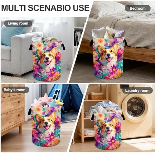 Dog Flower Laundry Basket Storage Bin Foldable Laundry Hamper Clothes Storage Bucket Organizer 19.6x15.7 Inch For Laundry Room/Bedroom/Bathroom - Image 6