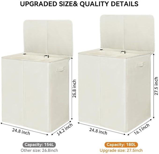 WOWLIVE 180L Double Laundry Hamper 2 Section with Lid and Removable Bags - Image 2
