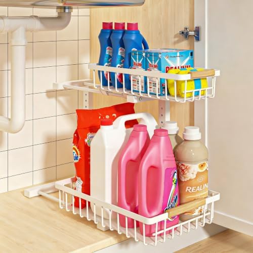 REALINN Under Sink Organizer, Height Adjustable Under Sink Organizers and Storage, 2 Tier Pull Out Drawer Cabinet Storage for Kitchen Bathroom, 1 Pack, White by REALINN