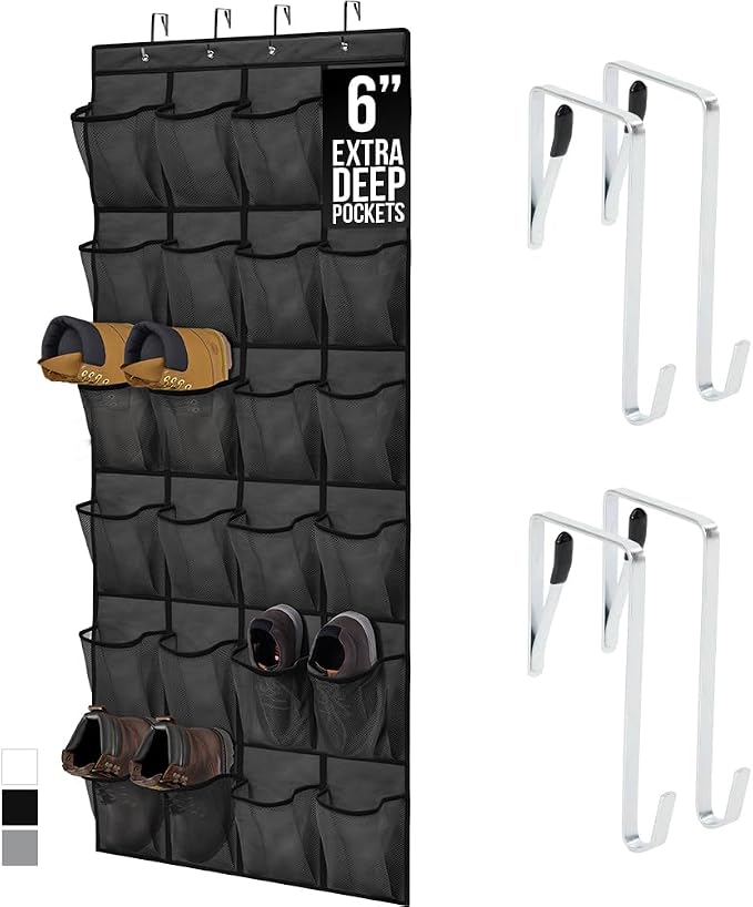 GORILLA GRIP Over the Door Shoe Organizer, 24 Extra Large Pockets, Black | Breathable Mesh Pocket, Space Saving Hanging Storage Holder, Closet Rack Hanger for Shoes, Pantry and Bathroom Accessories by Unknown