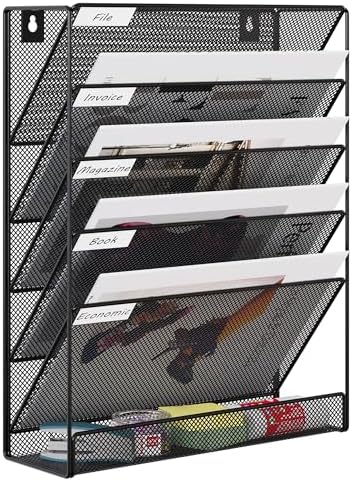 EasyPAG 5 Tier Wall File Holder, Mesh Hanging Folder Organizer with Classify Label, Versatile Desk File Holder, Vertical Wall Mounted Mail Organizer for Office Home Cubicle, Black by EasyPAG
