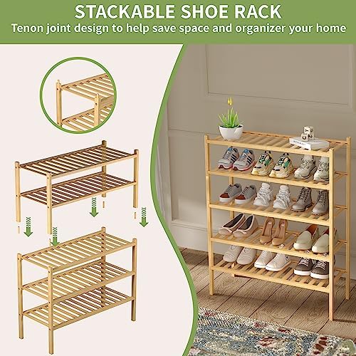 ROMGUAR CRAFT 3 Tier Bamboo Shoe Rack for Closet Free Standing Wood Shoe Shelf Storage Organizer for Entryway Small Space Stackable 27"x11"x20" (Natural) - Image 5