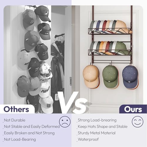 SWTYMIKI Over Door Hat Organizer - 3 Tier Wall Mounted Hat Rack with 2 Adjustable Metal Basket and 3 Hooks, Hanging Baseball Cap Organizer Storage Holds up to 29 Caps for Door, Bedroom, Closet - Image 3