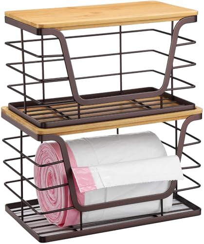 ALOCEO 2 Pack Stackable Wire Storage Basket with Bamboo Lid, Trash Bag Dispenser Under Sink for 4-13 Gal Bags, Kitchen Storage Bins for Potato and Onion, Brown - Image 4
