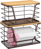 ALOCEO 2 Pack Stackable Wire Storage Basket with Bamboo Lid, Trash Bag Dispenser Under Sink for 4-13 Gal Bags, Kitchen Storage Bins for Potato and Onion, Brown - Image 4