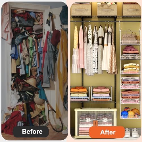 X-cosrack 6 Tier Closet Hanging Organizer, Clothes Hanging Shelves with 4 Hanging Hooks 5 S Hooks, Wire Storage Basket Bins, for Clothing Sweaters Shoes Handbags Clutches Accessories Patent - Image 6