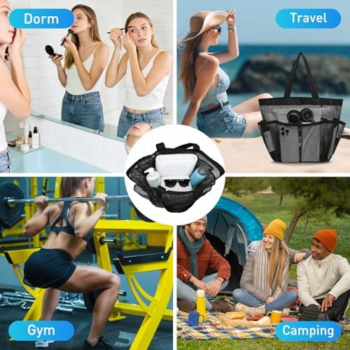 Mesh Shower Caddy Portable, Shower Tote Bag for Dorm Room Essentials, 8 Pockets Large Shower Basket for College Gym Beach Camping (1, Black) - Image 6