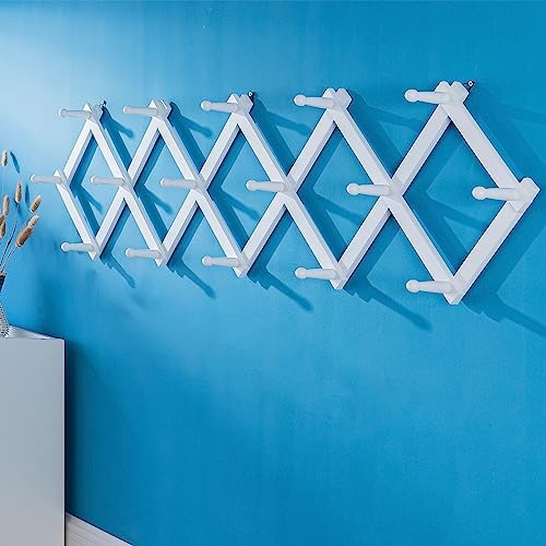 SKOLOO Accordion Wall Hanger with 16 Hooks, Modern Expandable Coat Rack Hat Rack for Wall, Solid Wooden, White - Image 3