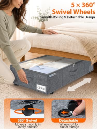 punemi 10 inch Tall 75L Under Bed Storage Bins with Wheels, 2-Pack, Gray | 5-Wheel Rolling Organizers with Clear Lids, for Clothes, Shoes and Blankets, Underbed, Closet & Dorm Organizataion - Image 4