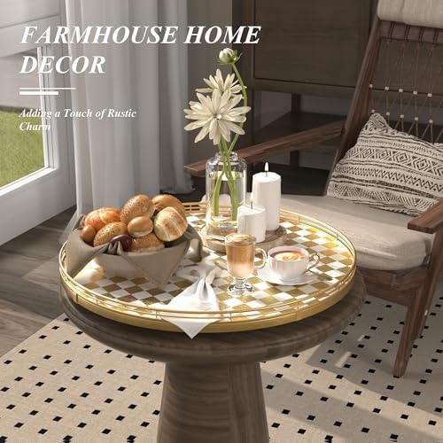 Gold and White Checkerboard Lazy Susan with Rubberwood Base and Metal Rail - Image 4