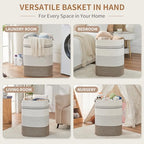 AINUOQI Laundry Hamper - Tall Woven Rope Laundry Basket - Clothes hamper with Leather Handles, 17" X 13.8" X 22", Blanket Storage Basket for Living Room, Rice Brown & White - Image 3