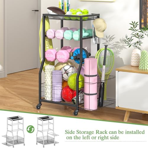 Home Gym Storage Rack, Dumbbell Rack with Yoga Mat Storage, Weight Rack Stand with Lockable Wheels and Hooks, Home Workout Equipment Organizer for Yoga, Dumbbell, Kettlebells, Ball Storage - Image 2