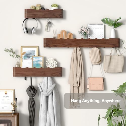 Wall Mounted Coat Rack with Shelf, Wooden Entryway Organizer with Hidden Metal Hooks for Hanging Coats Bags Keys, Modern Floating Shelf for Hallway Bathroom - Image 4