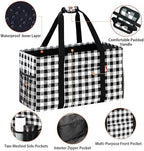 Extra Large Utility Tote Bag, Foldable Reusable Grocery Bags with Metal Wire Frame & Reinforced Bottom Board, Stand up Large Utility Tote for Groceries, Beach Bag, Laundry, Car (Cube Plaid) - Image 5