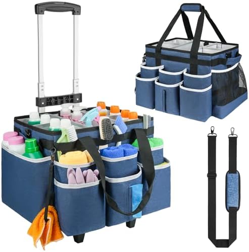 Large Rolling Cleaning Caddy Bag with Detachable Trolley,Cleaning Cart on Wheels with Shoulder Strap,Cleaning Supplies Organizer for Housekeepers,Blue by ZIOZERTT