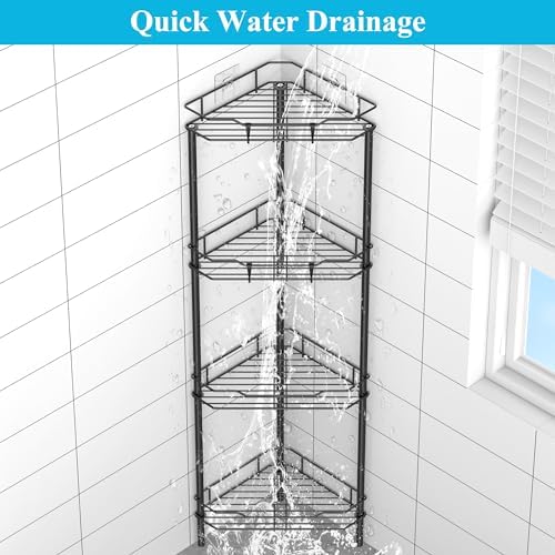 HuggieGems 4 Tier Floor Standing Corner Shower Caddy Organizer Shelf with Hooks, Bathroom Shelves Stand Rack, Black (Pack of 2) - Image 6