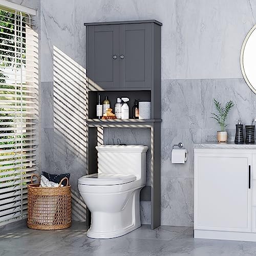Over the Toilet Storage Cabinet, Bathroom Storage Cabinet Over Toilet with 2 Wood Doors, Freestanding Space Saver, Adjustable Shelf & Open Shelf, Grey by Meilocar