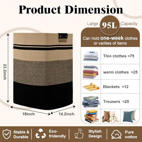 Laundry Hamper, 95L Tall Laundry Basket with Leather Handles, Rectangle Large Clothes Hamper for Organizing, Cotton Woven Laundry Baskets Storage Hampers for Bedroom, Nursery, Living Room - Image 3