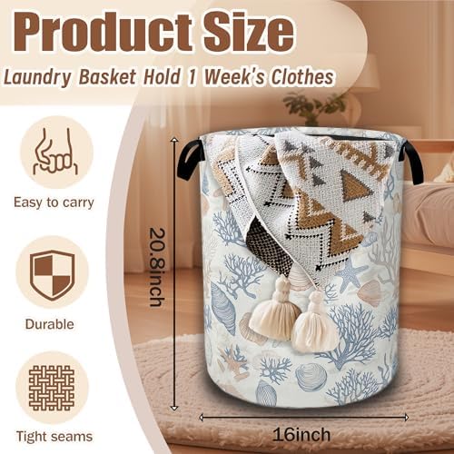 Seashells Starfish Laundry Basket,Waterproof Foldable Laundry Hamper,Dirty Clothes Basket, Linen Bin Storage Organizer Collection 16" x 20.8" - Image 2
